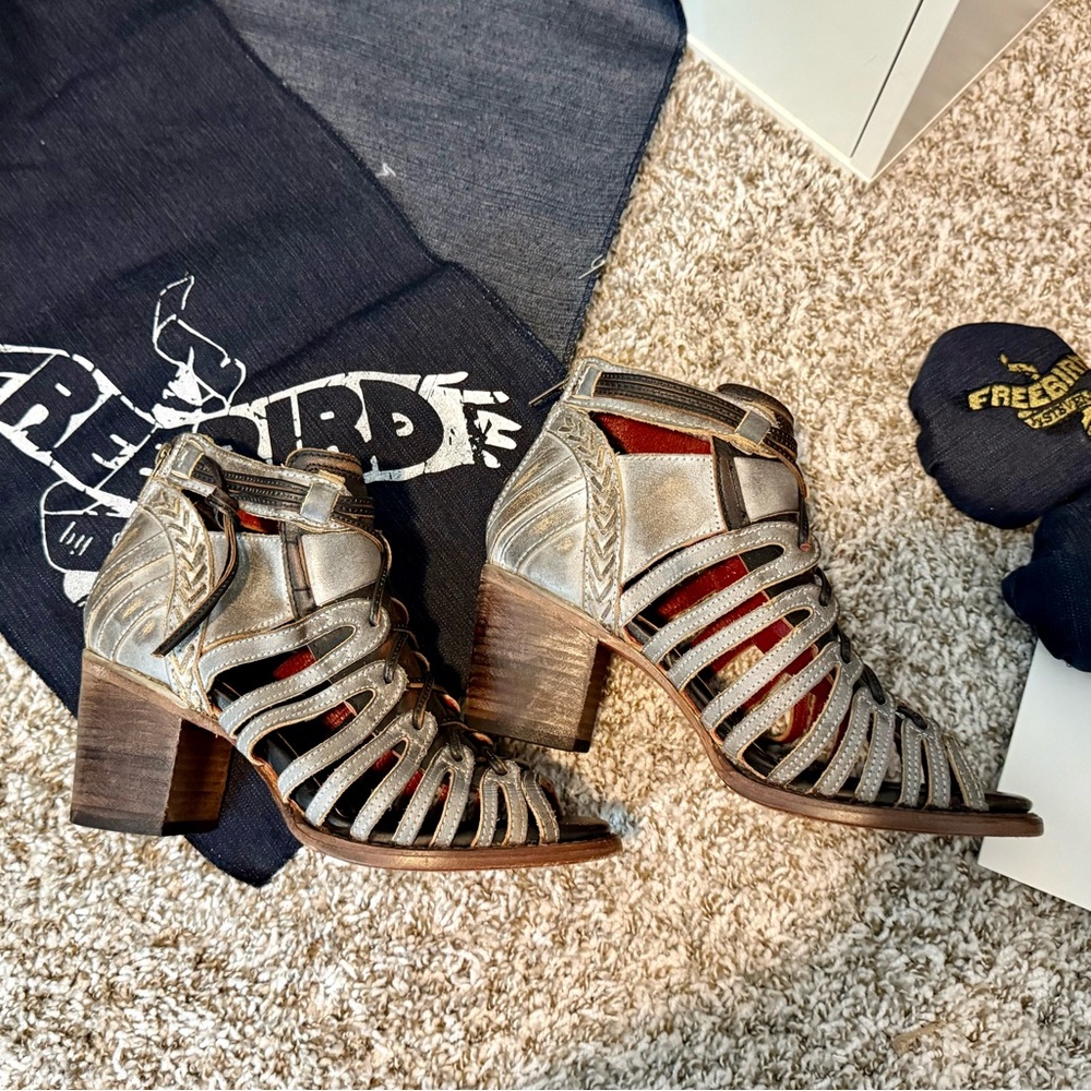Freebird by Steven Metallic Silver Strappy Heeled Booties - Picture 4 of 13